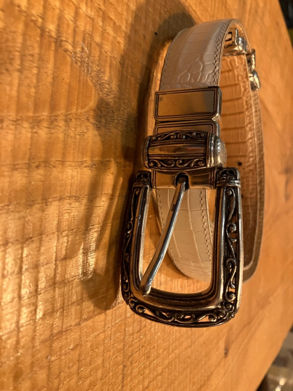 Womens Cream Croc-Texture Leather Belt with Ornate Silver Buckle